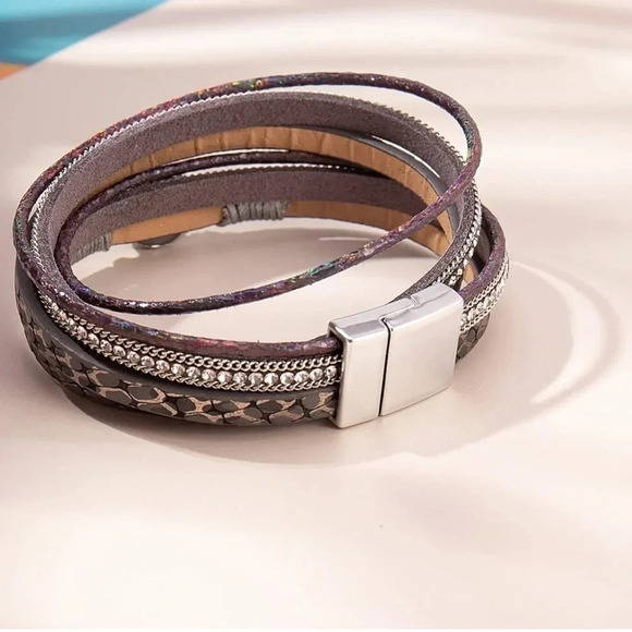 Bohemian Gray Faux Leather Layered Wrap Bracelet - Picture 5 of 6